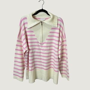 Chic Soul Striped Quarter Zip Sweater Pink Cream 3X Cozy Preppy Fall Layering